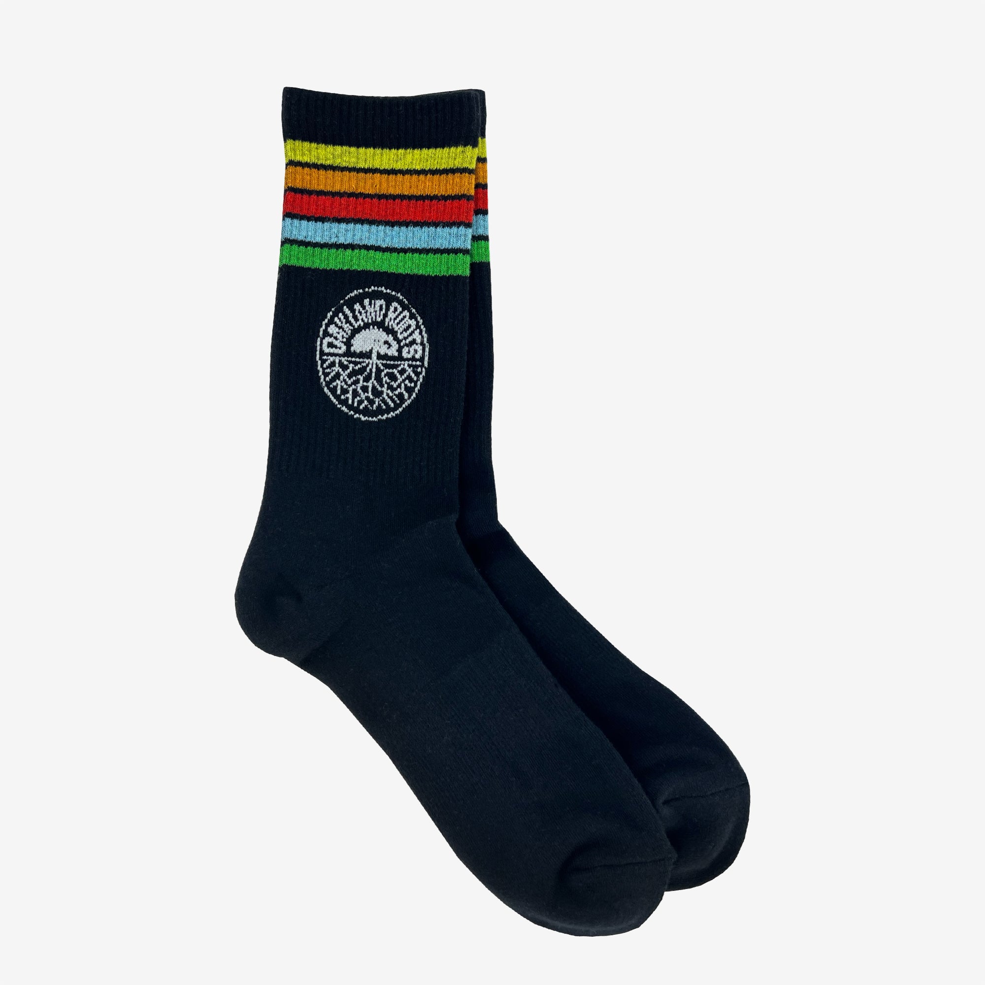 Two nestled black crew socks with Soccer Club colored stripes & logo on top sides.