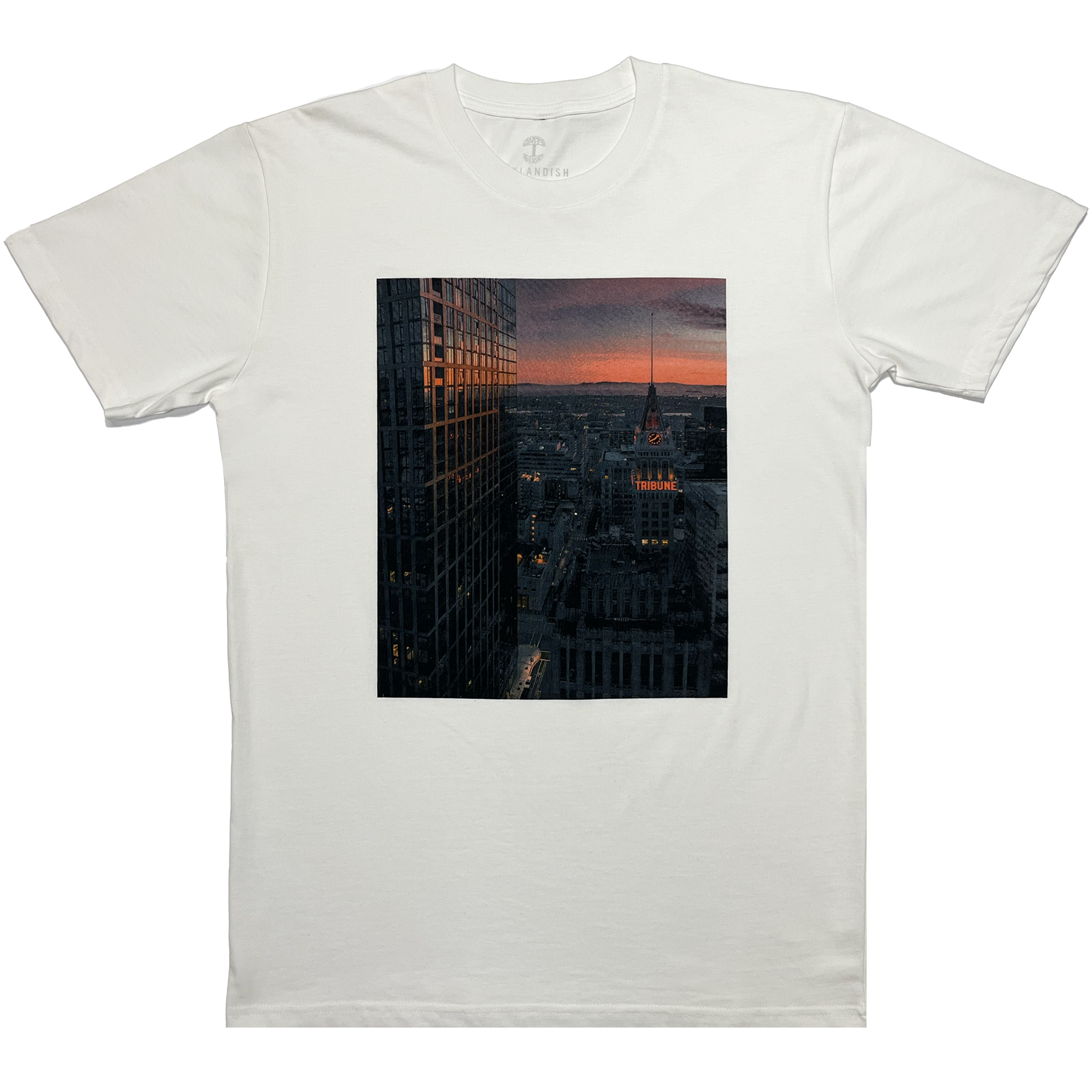 White t-shirt with Vincent James photography image of the Oakland Tribune building and the Downtown Oakland landscape.