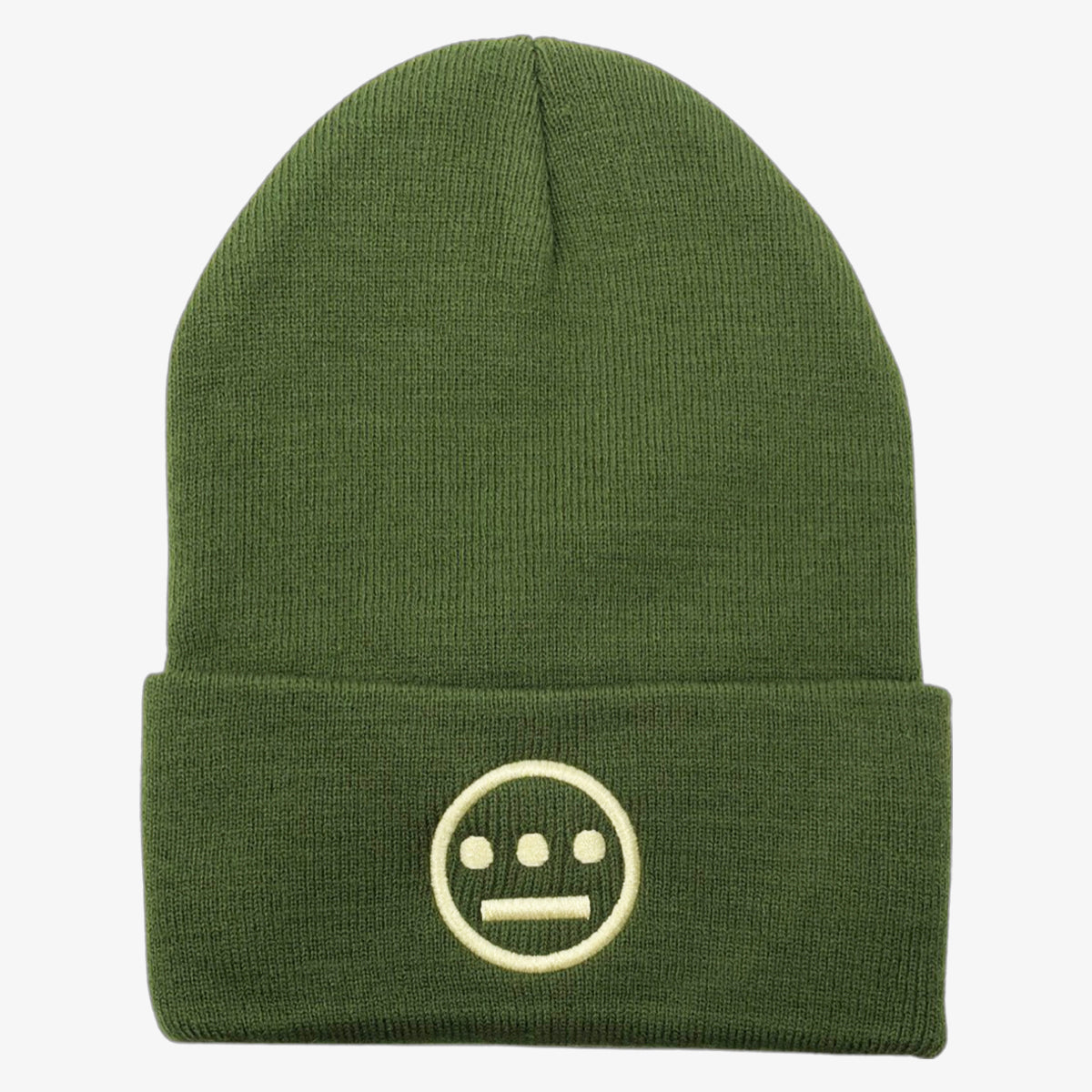 The Hieroglyphics Hiero Classic Cuff Beanie is a green beanie with a folded cuff, featuring an embroidered design of a circle with three horizontal dots inside on top and four vertical dots below, all in white thread. This unique piece of headwear evokes the simplicity of hieroglyphics against a plain, light-colored background.