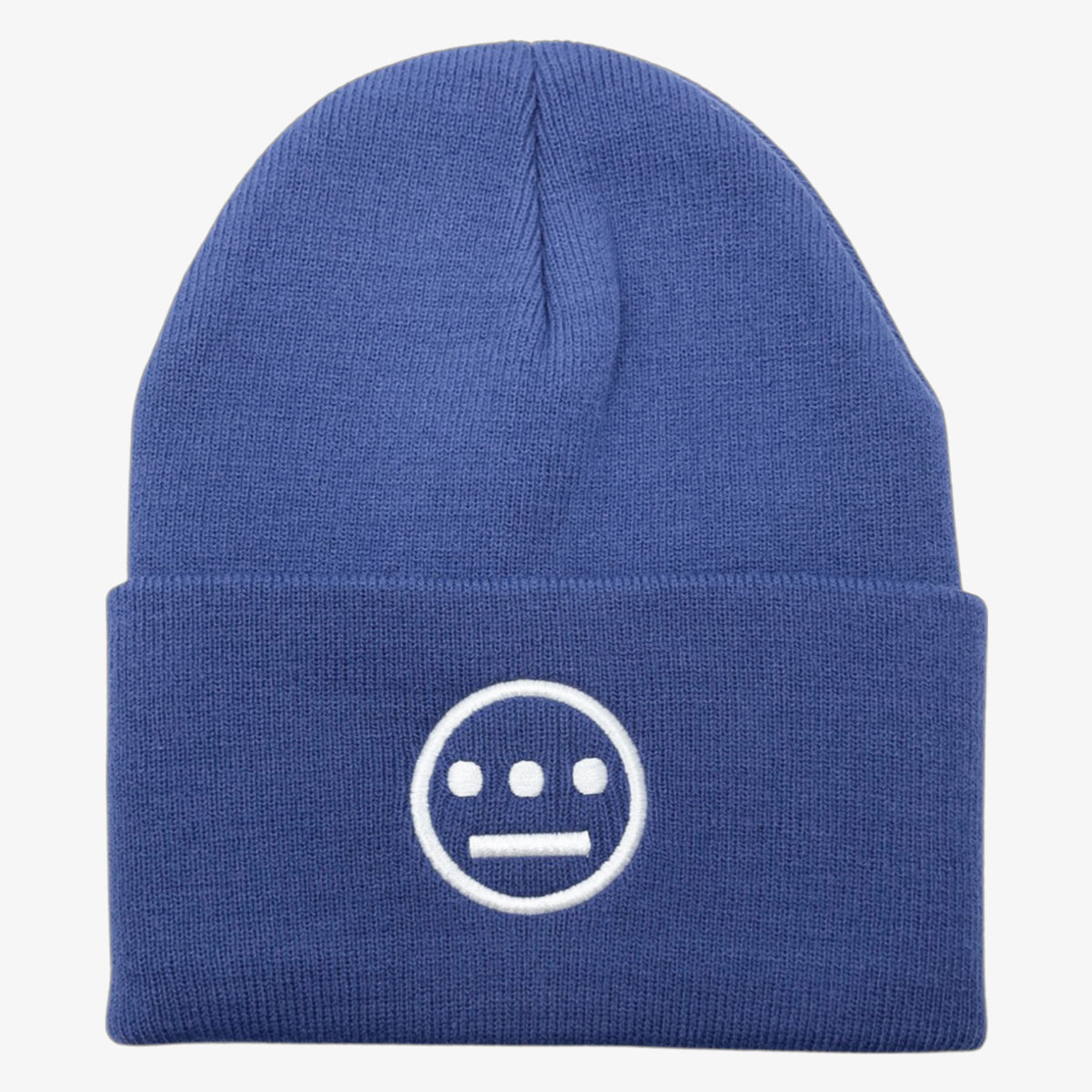 Introducing the Hiero Classic Cuff Beanie by Hieroglyphics: a blue knit beanie with a folded brim, featuring an embroidered white logo on the front. The logo, reminiscent of hieroglyphics, depicts a minimalist face with two horizontal lines for eyes, a single line for a mouth, and three vertical dots above the eyes in a symmetrical design.