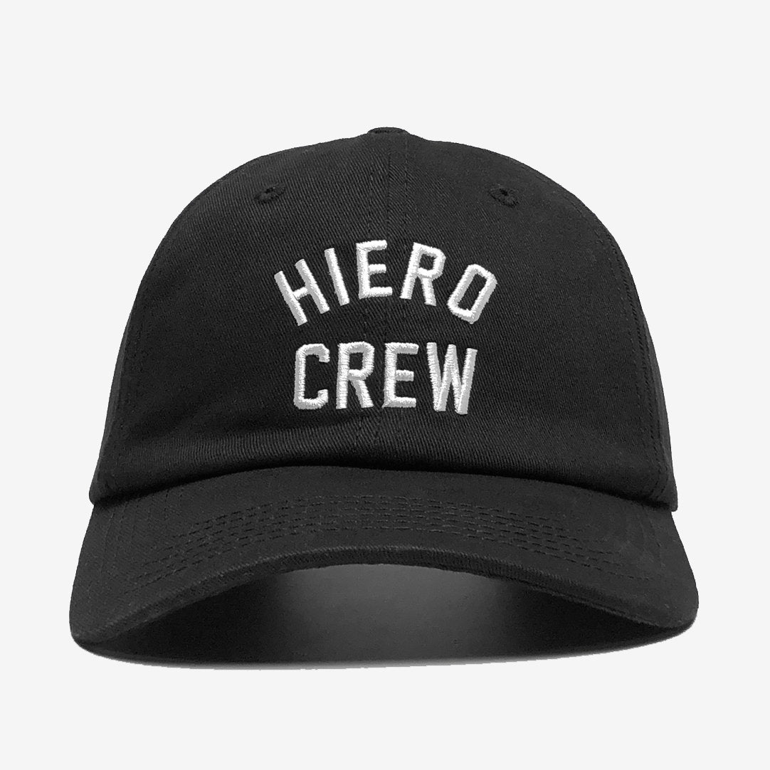 Black dad cap with white embroidered “HIERO CREW” logo on the crown.