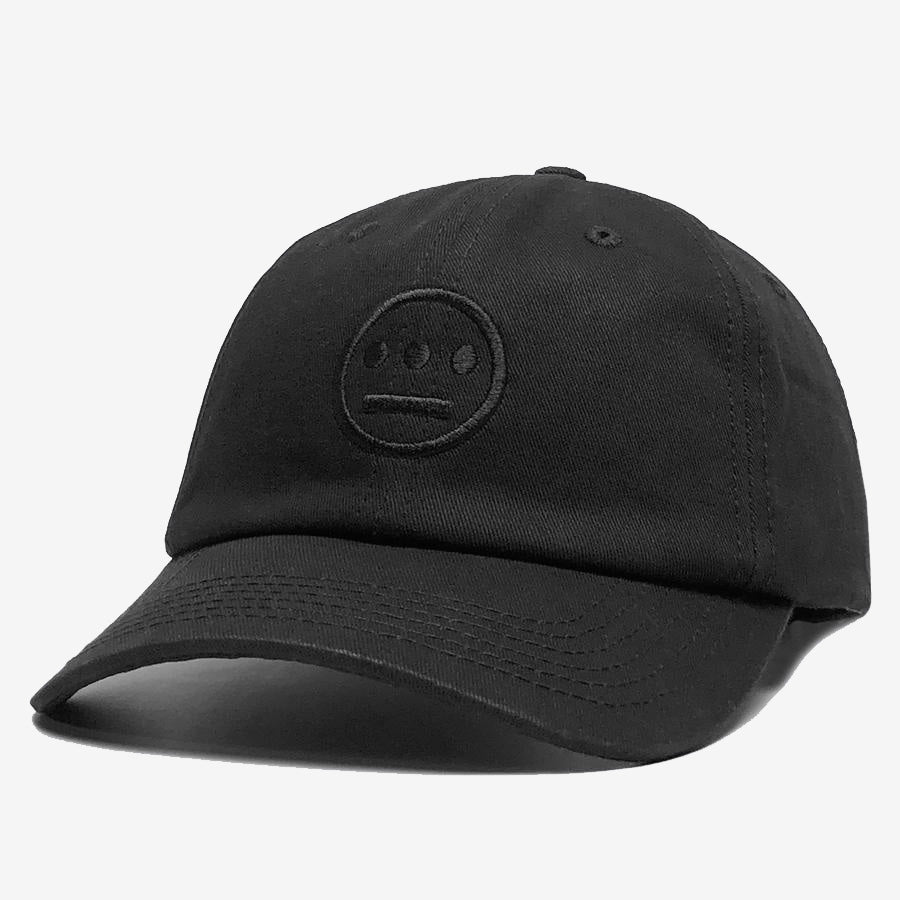 Side view of black dad cap with black embroidered Hiero hip-hop crew logo on crown. 