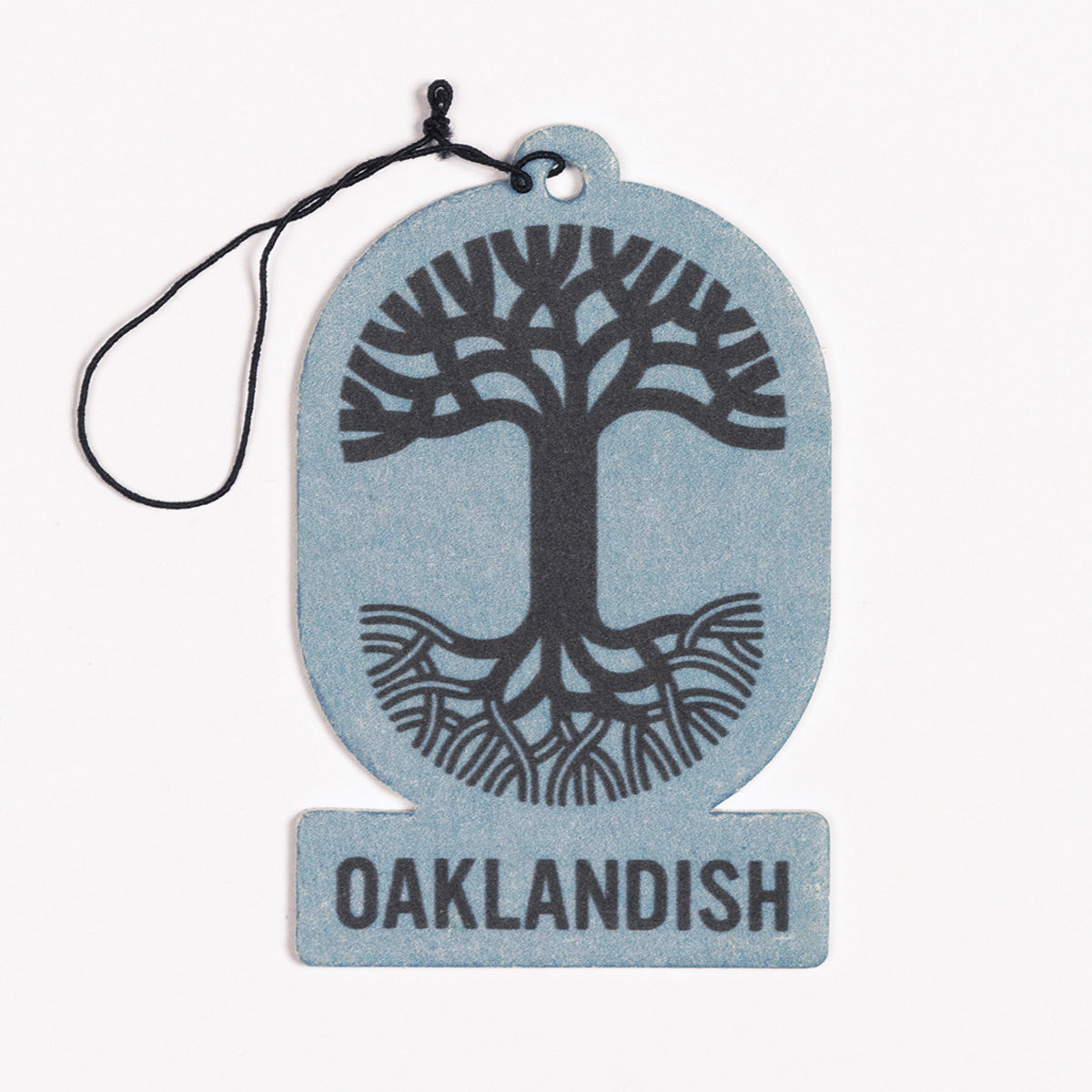 Blue felt air freshener with the Oaklandish tree logo and wordmark.