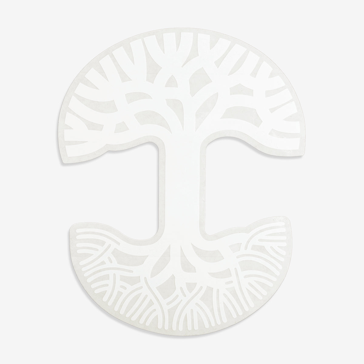 Extra-large-sized white Oaklandish tree logo car window decal.