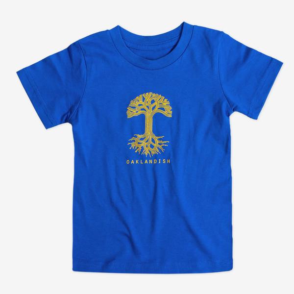 Royal blue toddler-sized t-shirt with yellow Oaklandish tree logo and wordmark on the chest.