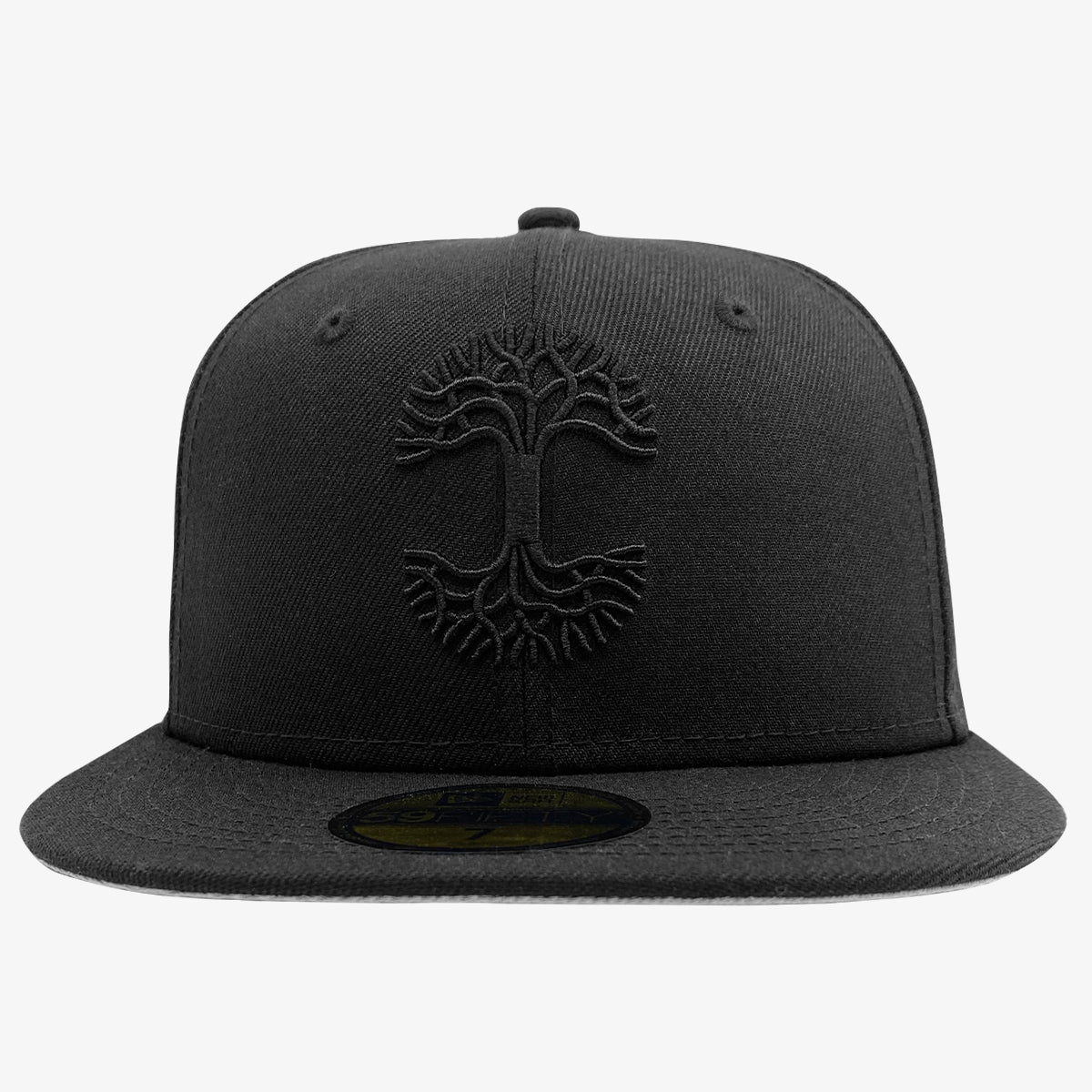 Black embroidered Oaklandish logo on a black, fitted New Era cap with a black bill. 