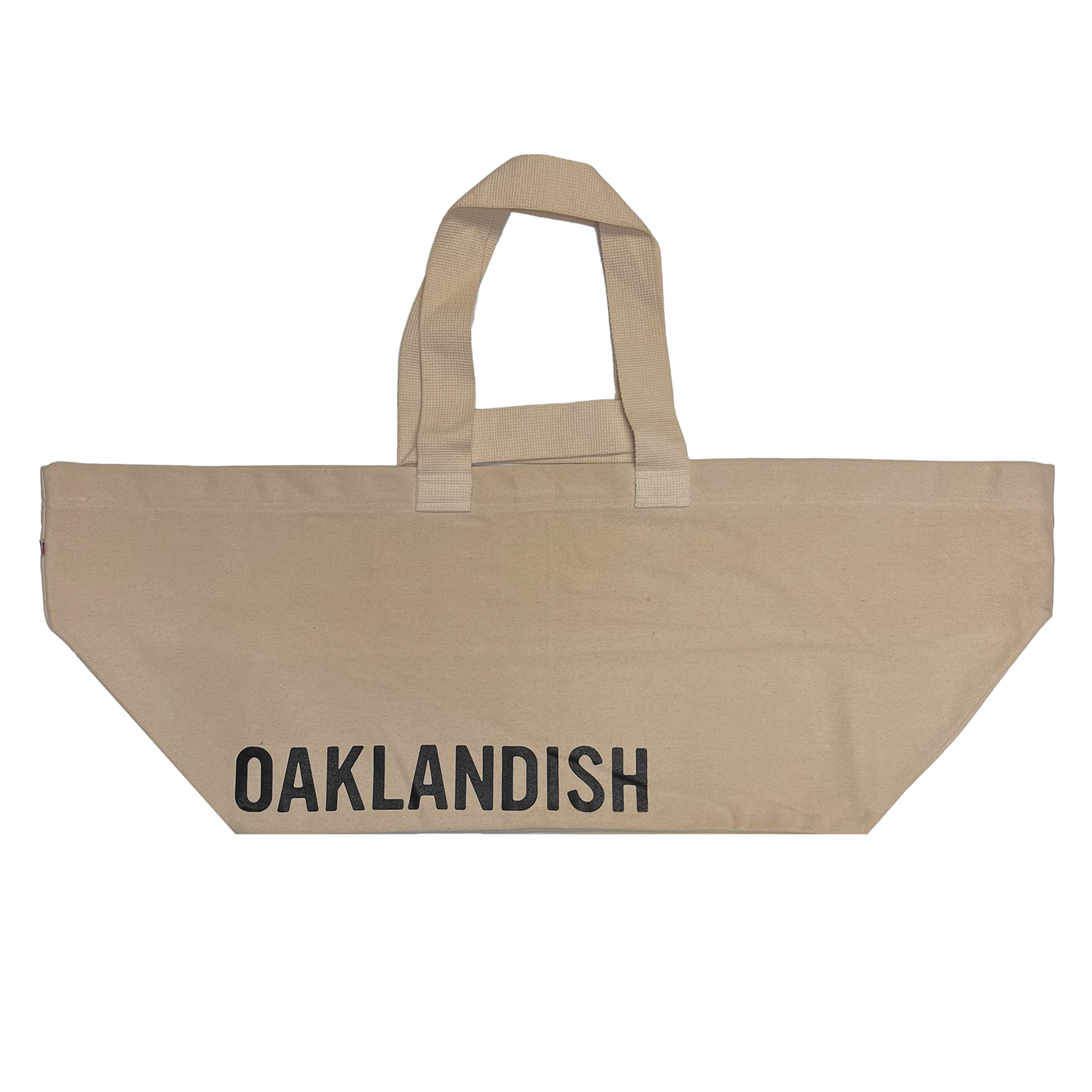 Extra wide natural colored bull denim shopping tote bag with black Oaklandish wordmark.