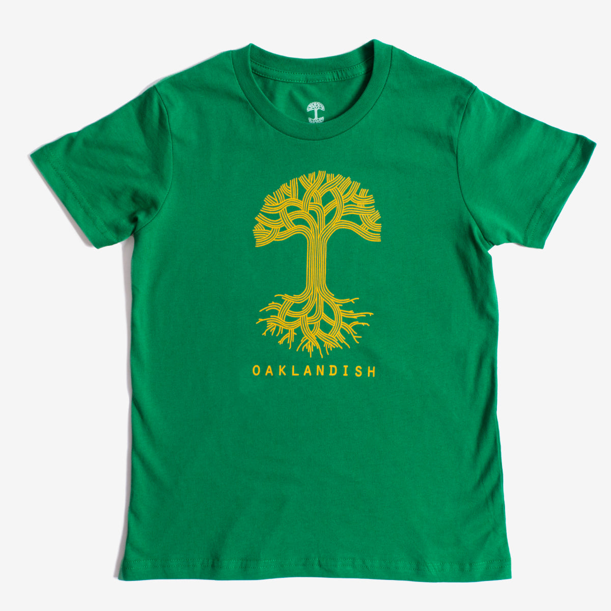 Introducing the Youth Oaklandish Classic Logo Tee by Oaklandish: This Kelly green t-shirt for kids features a striking yellow stylized tree design at its center, with interconnected branches and roots. The word "OAKLANDISH" is printed below the tree in bold yellow capital letters. Crafted from 100% cotton, this tee has a round neckline and short sleeves, showcased against a white backdrop.