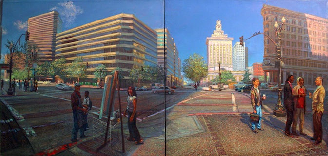 Painting by the artist featuring a street scene in Downtown Oakland.