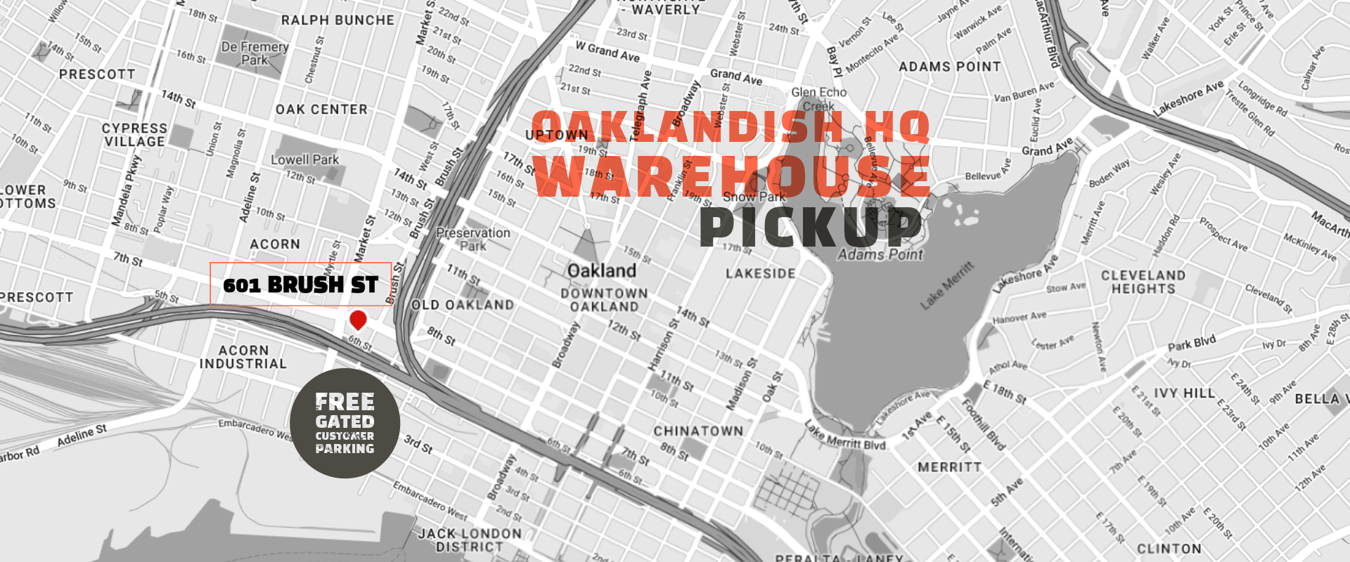 Oaklandish warehouse curbside pickup banner with greyscale map of portion of Oakland and HQ location.
