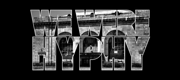 Block text "we were hyphy" with pattern of building inside the letters. Black and white photo, of 16th Street Station in Oakland.