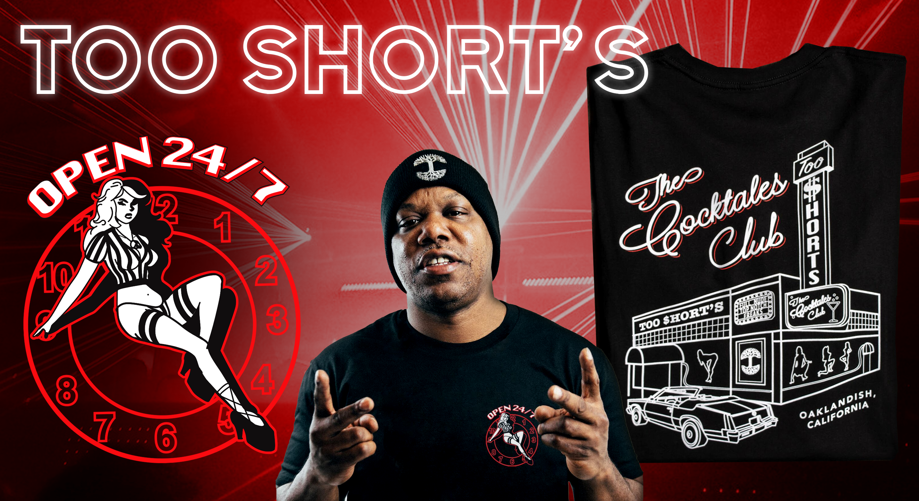 Too Short's The Cocktales club, photo of Short and pinup girl 24/7 design and tee photo.