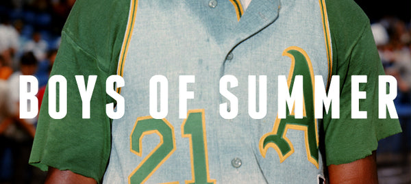 Boys of Summer text superimposed over vintage image of the torso of an A's player.