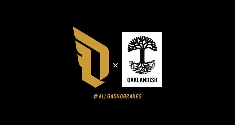 Lockup of Dame logo x Oaklandish and hashtag All Gas No Breaks.