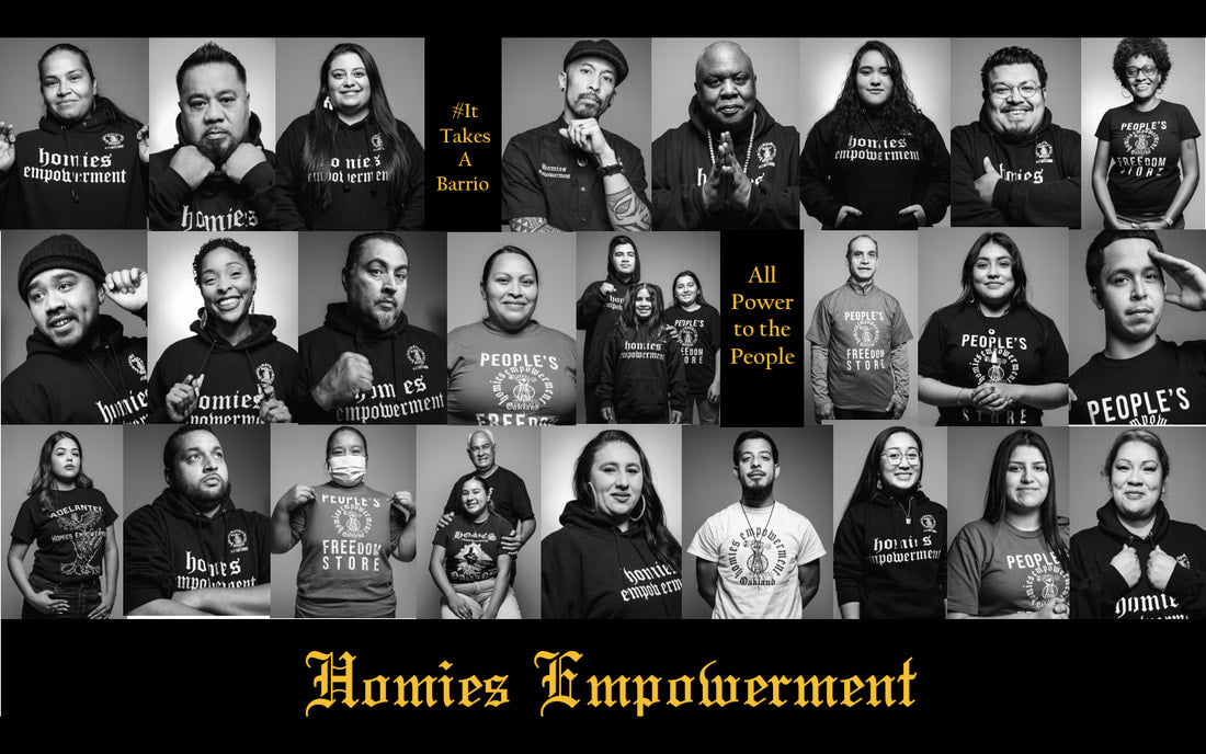 Grid image of black and white photos showing many of the people who volunteer and work at Homies Empowerment