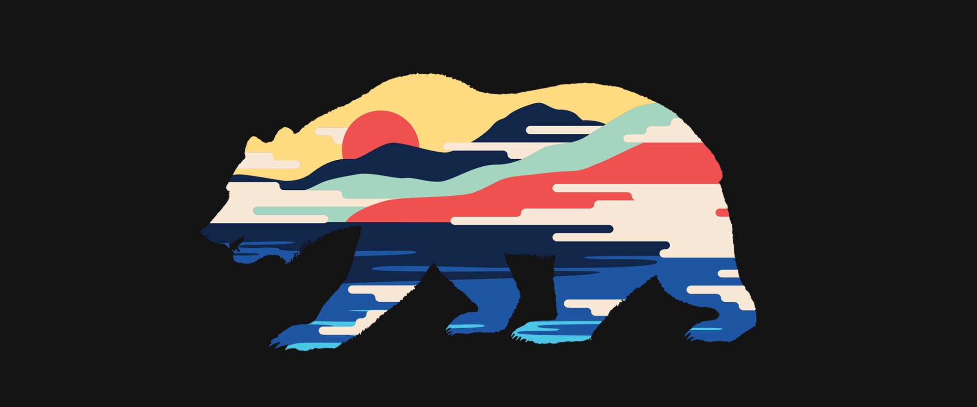 Black background with our "sunset bear" design featuring bear silhouette filled with water, mountains, sun, and coastline.