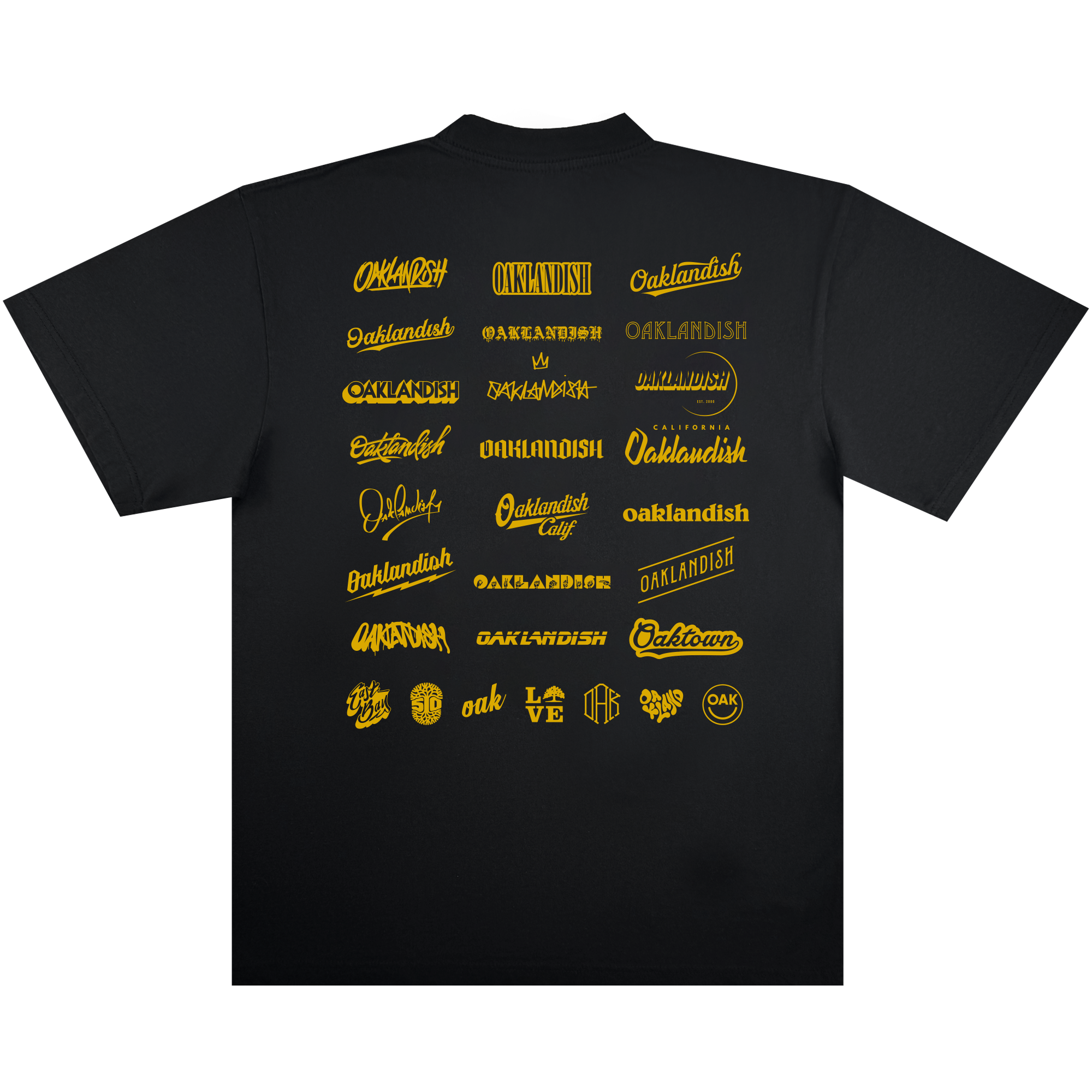 The back of the black Oaklandish 25 Years Tee features bold yellow lettering, celebrating the brand’s 25th Anniversary and spotlighting community culture.