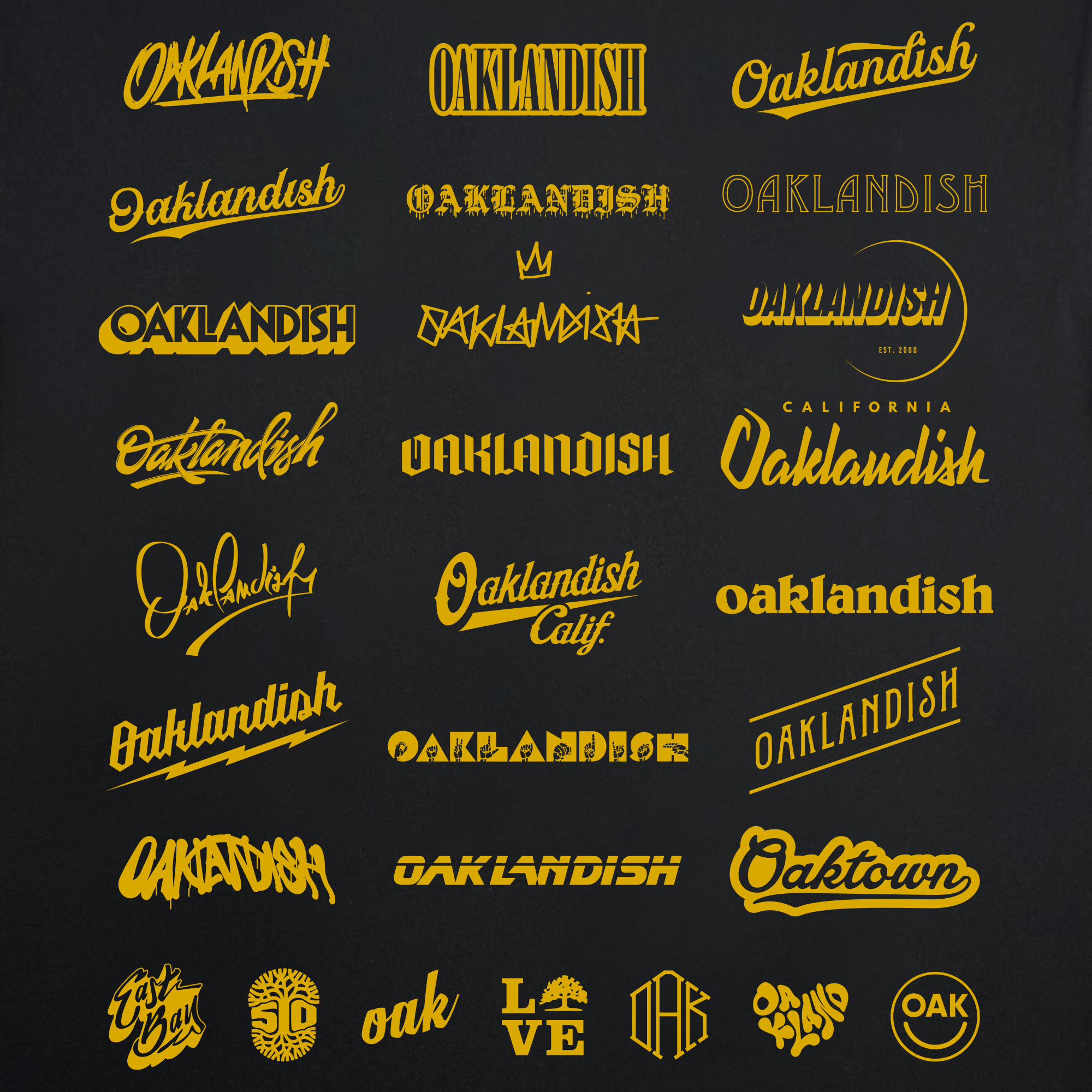 The Oaklandish 25 Years Tee features a grid of 30 unique yellow-on-black logos in different styles—script, graffiti, bold, and more—celebrating 25 years of Oaklandish's community culture and iconic apparel.