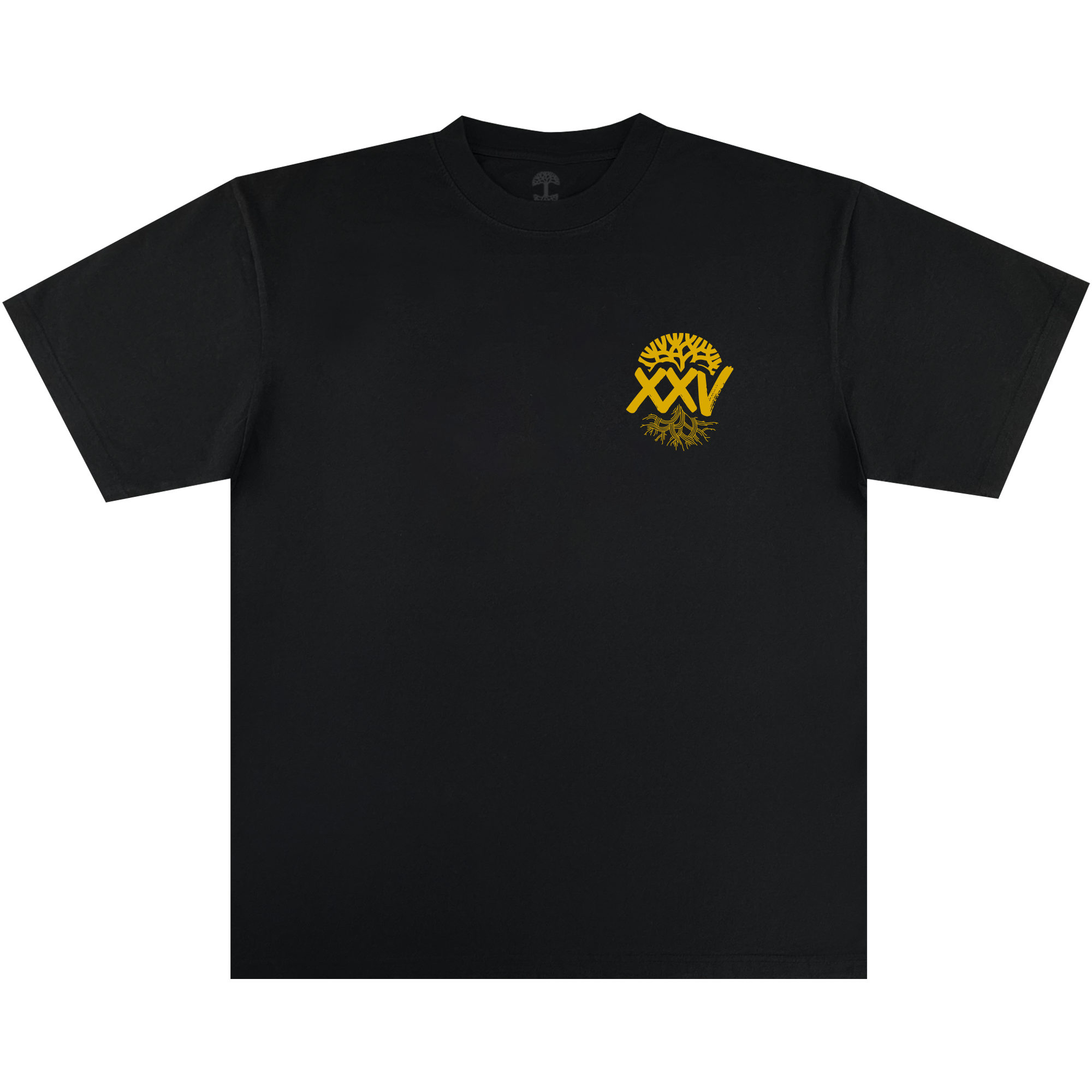 The Oaklandish 25 Years Tee is a black short-sleeve shirt with a small yellow graphic on the left chest: stylized sun rays and "XXV" for the 25th Anniversary, plus a mirrored reflection. The rest of the tee is plain.