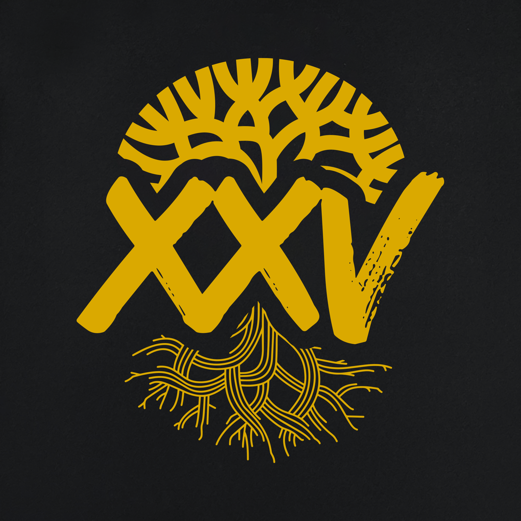 The Oaklandish 25 Years Tee features a gold "XXV" design on black with a canopy and roots, symbolizing growth and connection for the brand’s 25th Anniversary—a standout piece for community culture or classic Oakland apparel.