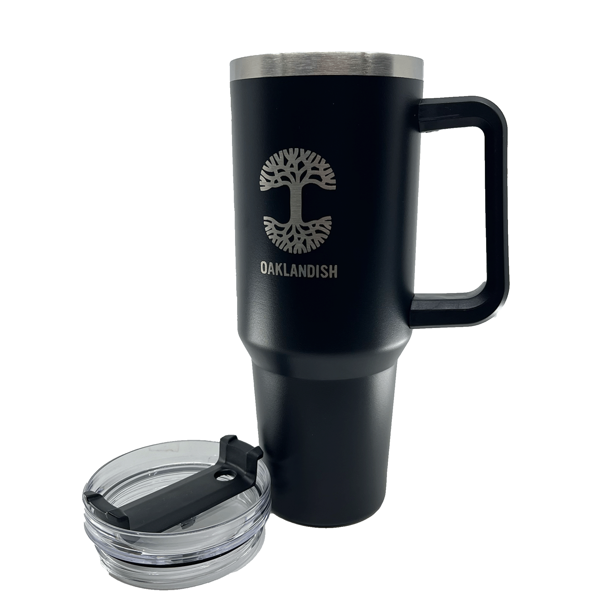 Front view of a black double walled 40-oz stainless steel travel drink tumbler with silver Oaklandish log and wordmark, and airtight lid sitting to the side.