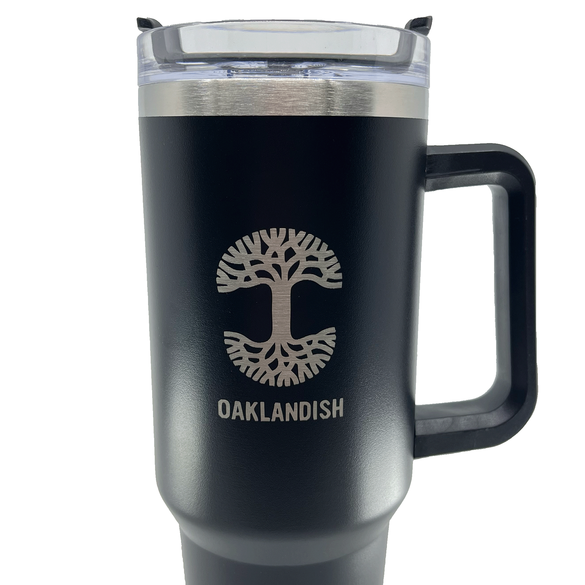 Close up of the Oaklandish logo and wordmark on a black double walled 40-oz stainless steel travel drink tumbler.