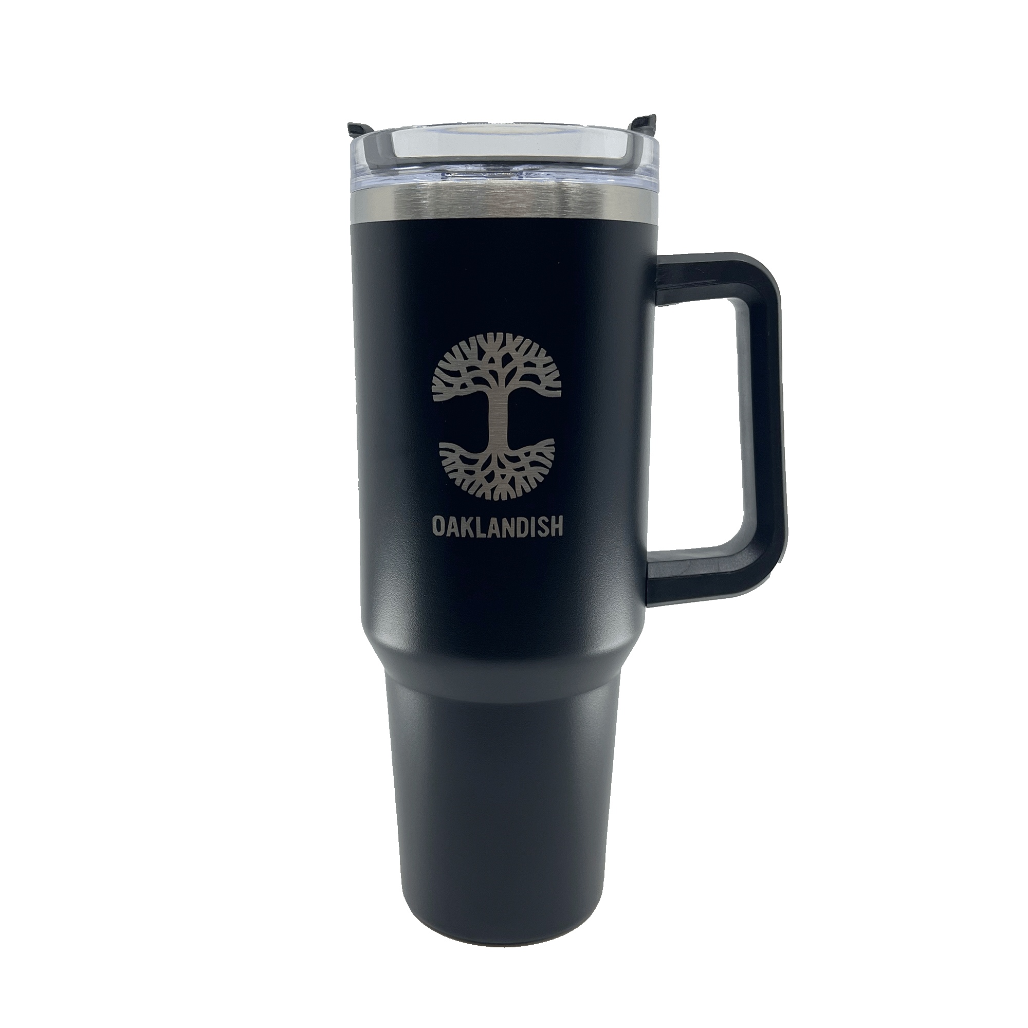 Black double walled 40-oz stainless steel travel drink tumbler with silver Oaklandish log and wordmark and airtight lid.