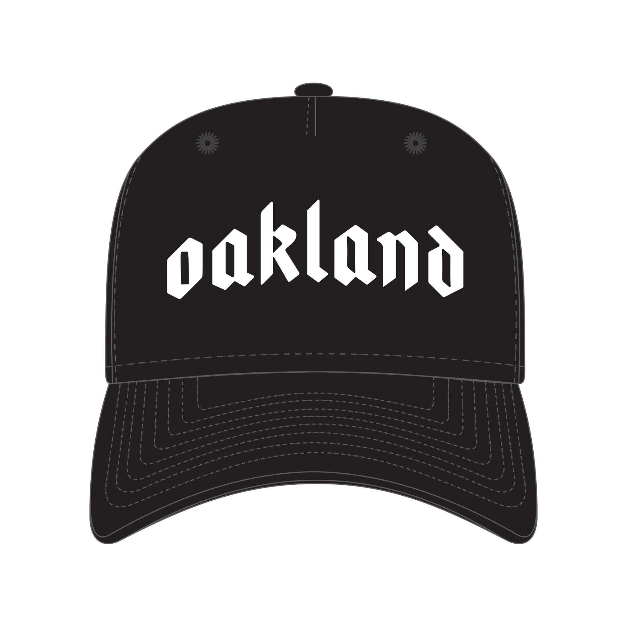 The (Preorder) Oakland 68s Panel Cap by Other features black fabric, bold white gothic-style "oakland" embroidery, and standout white stitching. Its stylish design stands out against the plain light gray background.