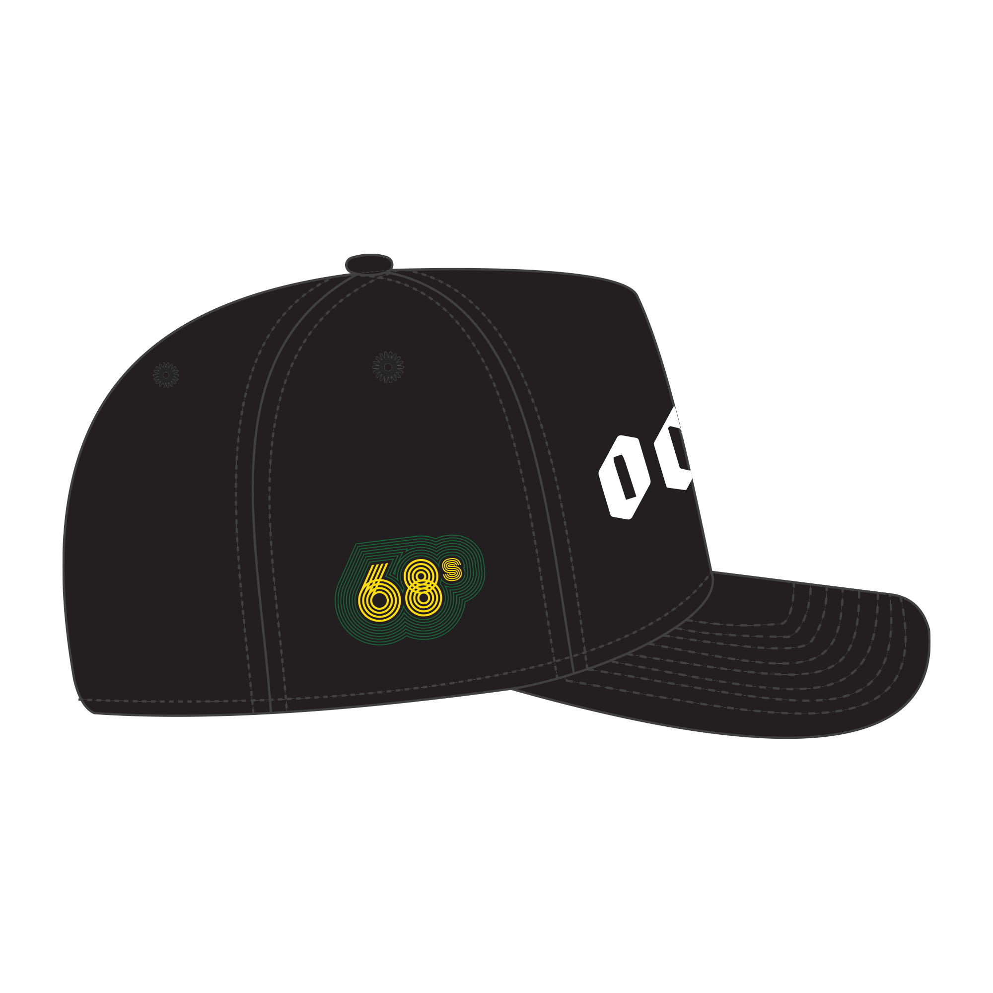The (Preorder) Oakland 68s Panel Cap by Other is a black sports cap with white stitching, yellow and green "68s" on a dark green patch near the back, and bold white numbers partially visible on the front, viewed from the side.
