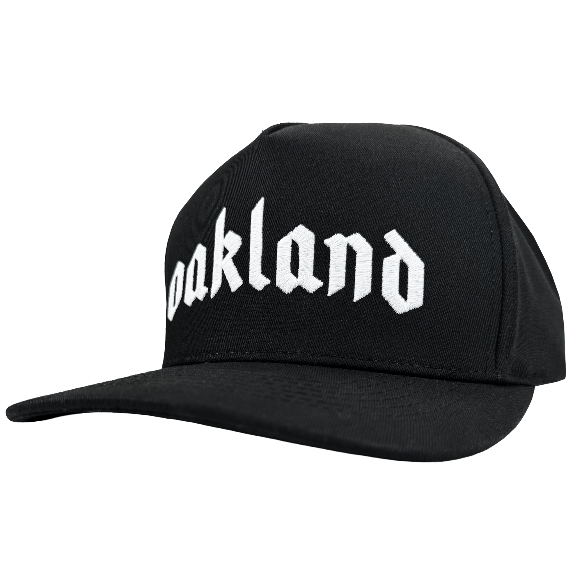 The Oaklandish Oakland 68s Panel Cap is a black snapback with "Oakland" boldly embroidered in white Old English style on the front. It features a flat brim and is displayed against a plain, light background.