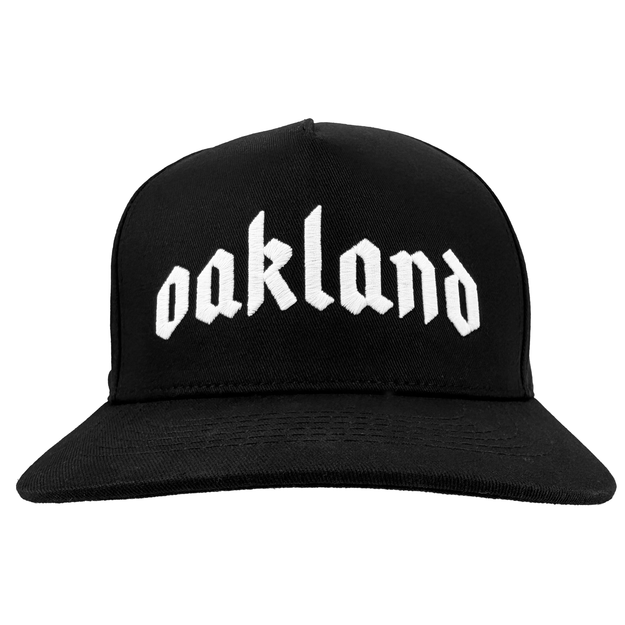 The Oaklandish "Oakland 68s Panel Cap" is a black snapback hat with "oakland" boldly embroidered in white gothic letters on the front, shown from the front against a plain white background.