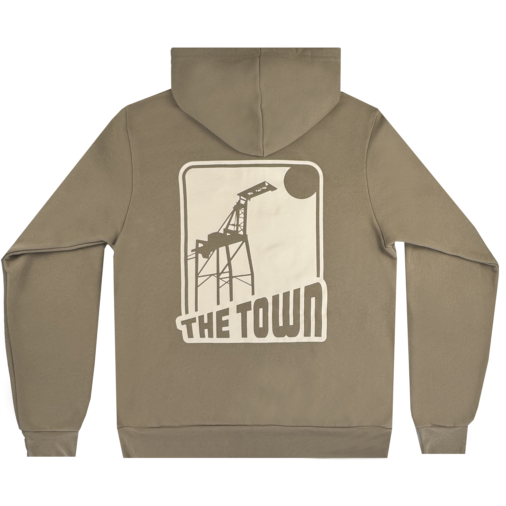 A tan GSW 70’s Trading Card Zip Hoodie is shown from the back, with a large oil derrick and sun graphic inside a rectangle. "THE TOWN" is printed in bold below. Inspired by Oaklandish and the Golden State Warriors.