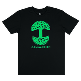 Retro green Oaklandish tree logo and wordmark on a black t-shirt.