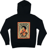Backside view of black limited edition hoodie with large illustrated multi-colored graphic by Shepard Fairey, founder of Black Panthers. 