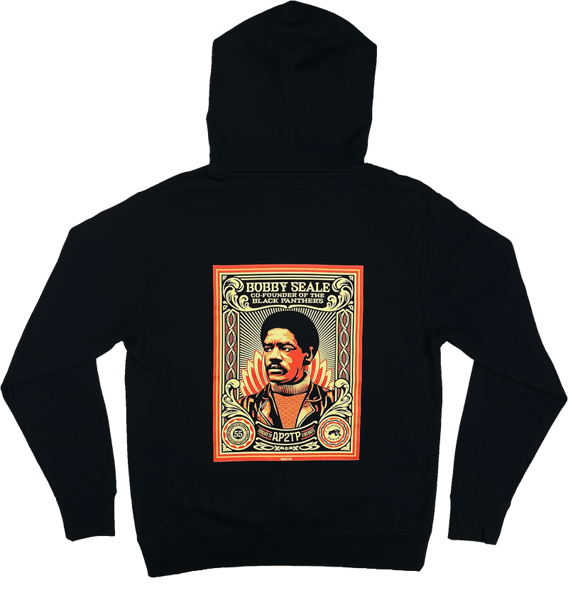 Backside view of black limited edition hoodie with large illustrated multi-colored graphic by Shepard Fairey, founder of Black Panthers. 