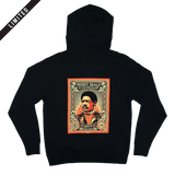 Backside view of black hoodie with large illustrated graphic by Shepard Fairey, founder of Black Panthers with LIMITED banner.. 