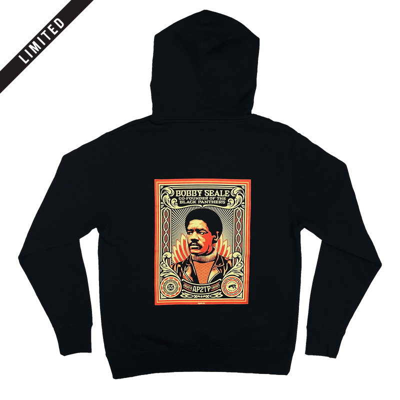 Backside view of black hoodie with large illustrated graphic by Shepard Fairey, founder of Black Panthers with LIMITED banner.. 