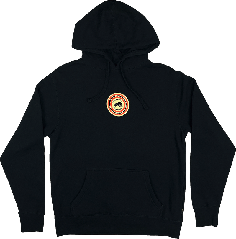 Front side view of black limited edition collectors hoodie with Panther Power small Panther Power circle graphic on the chest.
