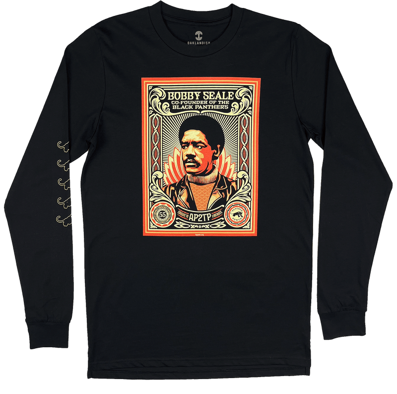 Front view of black limited edition long-sleeve t-shirt with with large illustrated graphic by Shepard Fairey, founder of Black Panthers. 