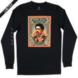 Front view of black limited edition long-sleeve t-shirt with large illustrated graphic by Shepard Fairey, founder of Black Panthers with LIMITED banner.