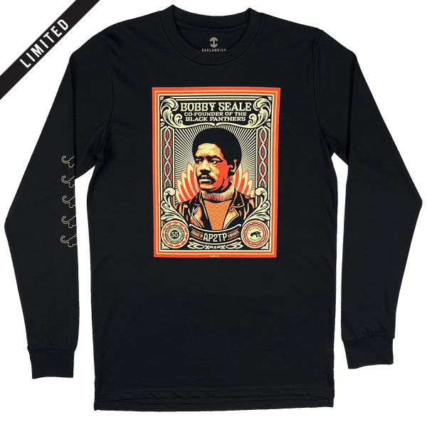 Front view of black limited edition long-sleeve t-shirt with large illustrated graphic by Shepard Fairey, founder of Black Panthers with LIMITED banner.