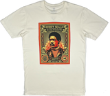 Front view of natural cotton colored t-shirt with large illustrated multi-colored graphic by Shepard Fairey, founder of Black Panthers.