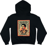Backside view of black limited edition collectors hoodie featuring a large illustrated graphic by Shepard Fairey, founder of Black Panthers. 