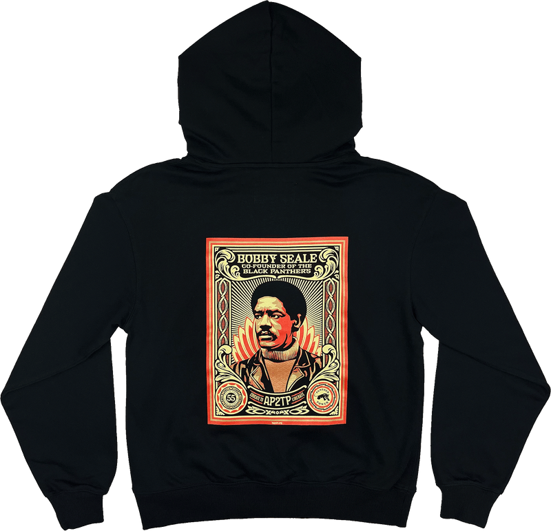 Backside view of black limited edition collectors hoodie featuring a large illustrated graphic by Shepard Fairey, founder of Black Panthers. 
