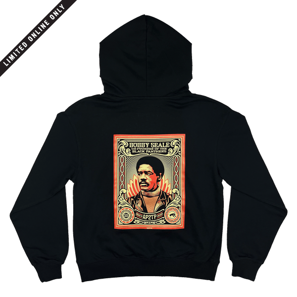 Backside view of black limited edition collectors hoodie featuring an illustration by Shepard Fairey, founder of Black Panthers. 