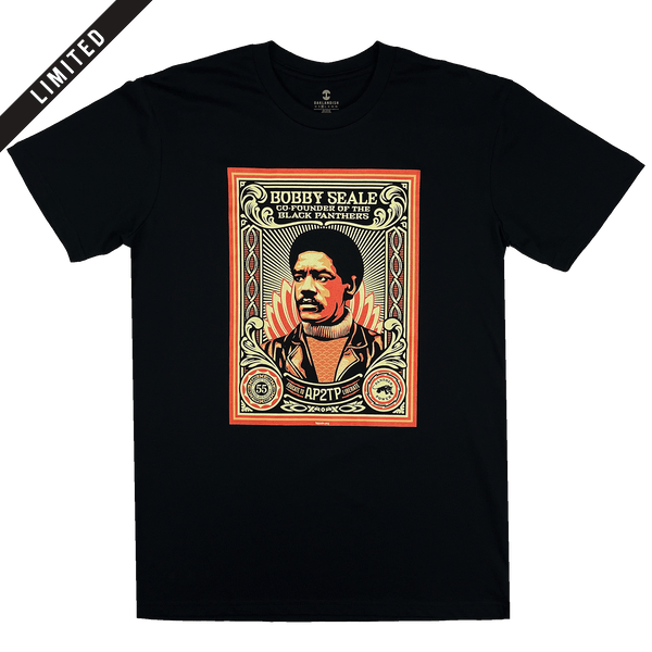 Large illustrated graphic by Shepard Fairey, founder of Black Panthers on a black t-shirt with LIMITED banner. 