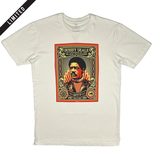 Front view of a natural cotton-colored limited edition t-shirt with illustrated graphic by Shepard Fairey, founder of Black Panthers.