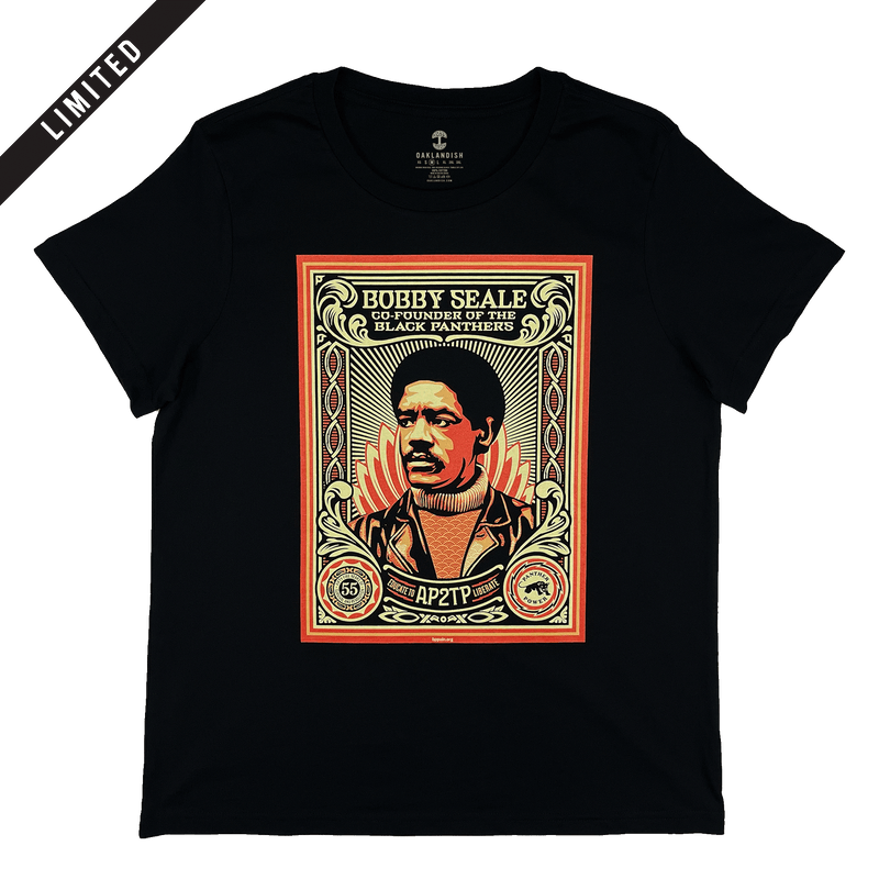 Front view of a women’s black t-shirt with a large illustrated graphic by Shepard Fairey, founder of the Black Panthers. 