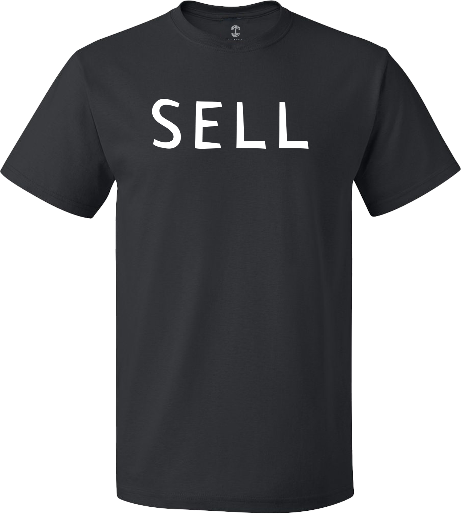 White print of Sell on front of black tee.