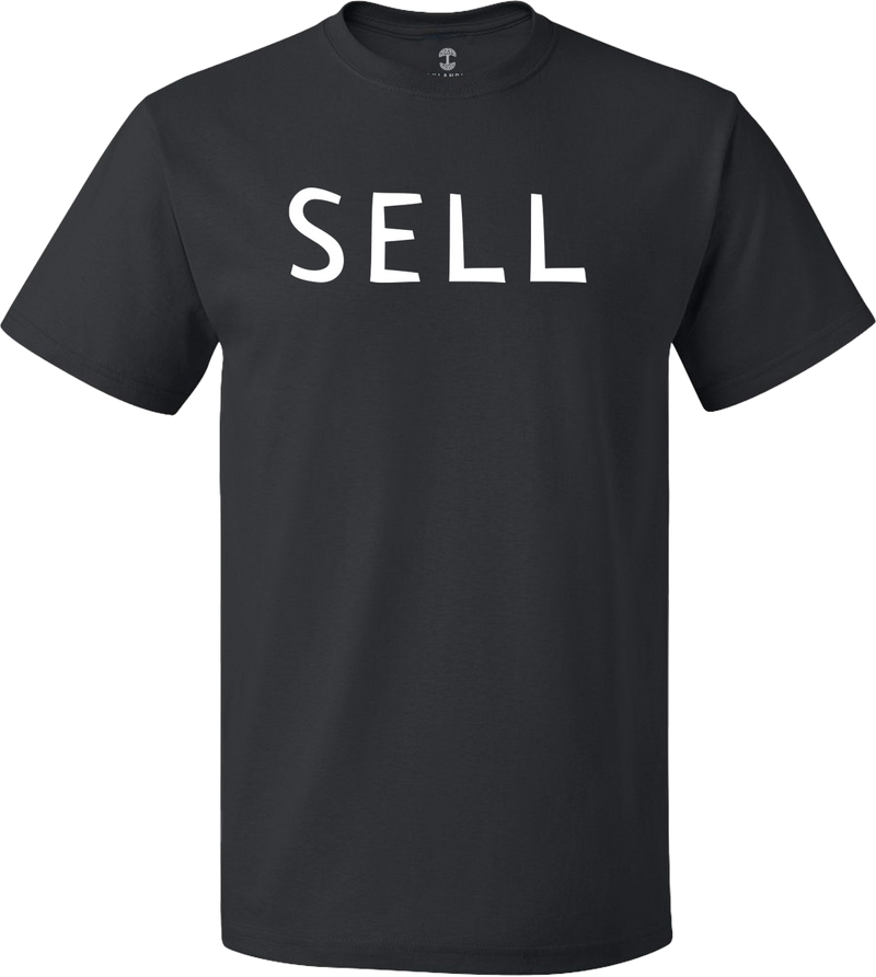 White print of Sell on front of black tee.